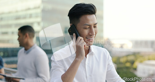 Image of Businessman, work phone call and communication with networking, b2b and professional discussion in Tokyo. Talking, business deal and negotiation with lawyer and phone conversation, technology and 5g.