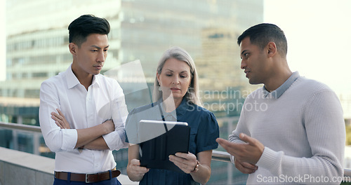 Image of Business people diversity, tablet or office balcony in digital marketing research, strategy planning or calendar management. Mature ceo, talking manager or internship training schedule on technology