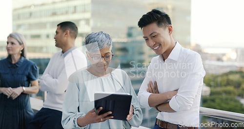 Image of Business people diversity, tablet or office balcony in digital marketing research, strategy planning or calendar management. Mature ceo, talking manager or internship training schedule on technology