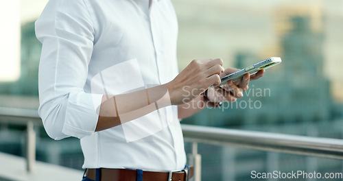 Image of Businessman, hands or phone typing on balcony in digital marketing office, advertising company or social media startup. Zoom, creative designer or mobile technology for networking or branding website
