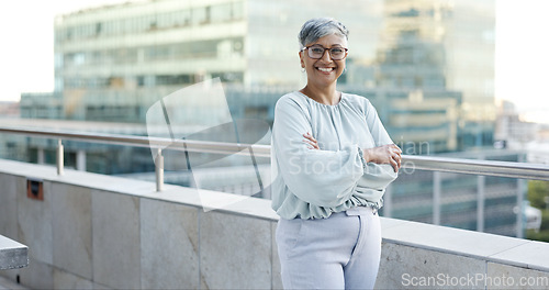 Image of Face of business woman in city building for corporate leadership, career success or management solution with trust. Proud, smile of black woman worker, executive or ceo on urban balcony in a portrait