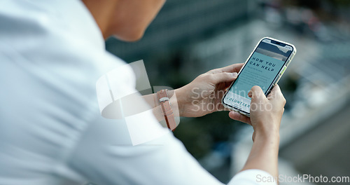 Image of Volunteer, phone or hands on internet for registration application at a global NGO or non profit charity organization. Man, ui or user signing up on screen for a development project digital website