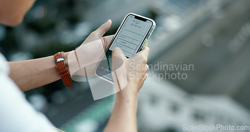 Image of Volunteer, phone or hands on internet for registration application at a global NGO or non profit charity organization. Man, ui or user signing up on screen for a development project digital website