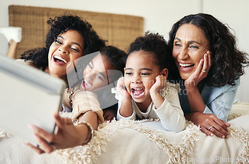 Image of Relax, selfie and tablet with family in bedroom for smile, social media and funny face together. Bonding, technology and internet with women and picture at home for happiness, browsing and photo