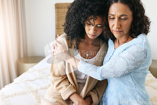 Image of Black women hug, comfort and sad with empathy, kindness and mental health, love with grief and loss. Depression, mother and adult daughter with compassion and care, family and support with trust