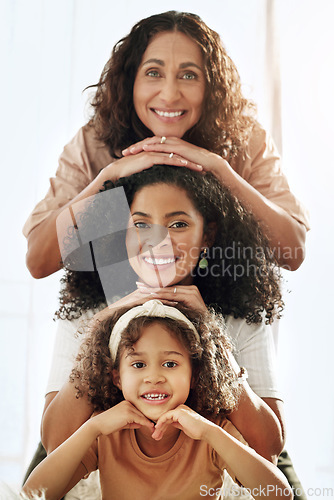 Image of Generations, stack portrait and women of family with grandmother, mother and daughter with smile. Black woman, grandma and girl faces, love and bonding in home living room with solidarity