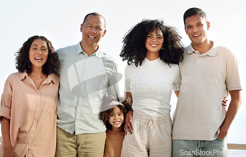 Image of Family, travel and grandparents and parents with child on balcony for vacation, weekend and holiday. Travelling, smile and portrait of mother, father and girl enjoy freedom, adventure in summer