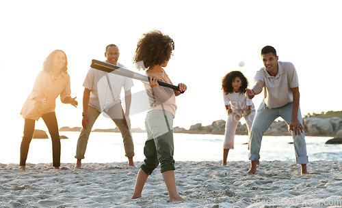 Image of Baseball, big family and girl play at beach, having fun and enjoying holiday together. Care, sunset and mother, grandparents and happy father throw ball at kid, playing sports and bonding by ocean.