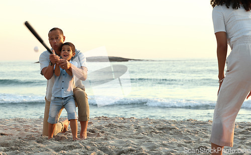 Image of Family, baseball and boy play at beach, having fun and enjoying holiday together. Care, sunset and mother with happy grandfather playing sports with kid or child and bonding by ocean or seashore.