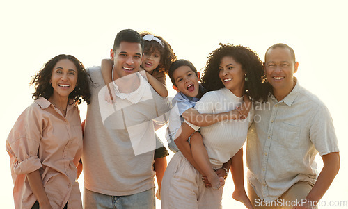 Image of Sunset, big family and portrait smile at beach, having fun and smiling on vacation outdoors. Care, bonding and happy kids, grandmother and grandfather with parents laughing and enjoying holiday time.