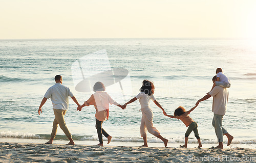 Image of Big family, walking and holding hands at beach at sunset, having fun and bonding on vacation outdoors. Care, mockup and kids, grandmother and grandfather with mother and father enjoying holiday time