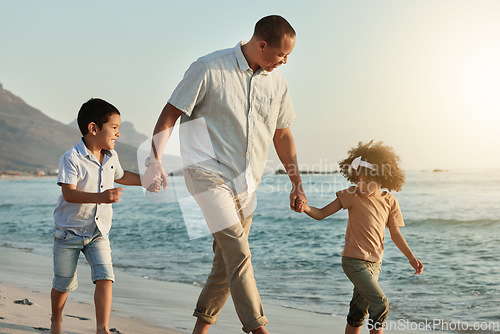 Image of Holding hands, children and grandfather walking on beach, having fun or bonding outdoors. Love, care and happy grandpa with kids, boy and girl by ocean or seashore enjoying holiday vacation at sunset