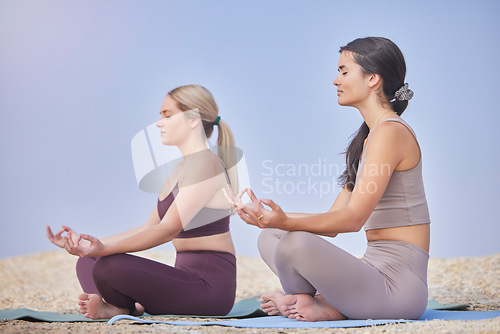 Image of Lotus meditation, outdoor and women exercise in nature for fitness, peace and wellness. Yoga friends on beach ground for workout, training and energy for mental health, chakra and zen mind or time