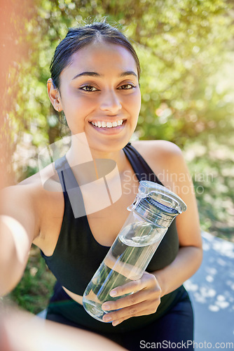 Image of Portrait, selfie and woman with water smile after yoga, workout or cardio training in nature, happy and excited. Face, social media and girl health influencer pose for photo, profile picture or blog
