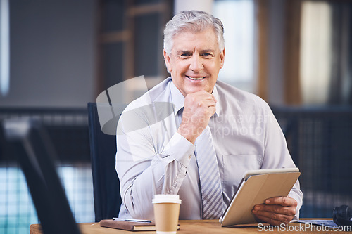 Image of Elderly, business man and tablet in portrait with smile, analysis or planning at desk for networking. Senior stock broker, fintech and ceo with mobile touchscreen for vision, market strategy or email