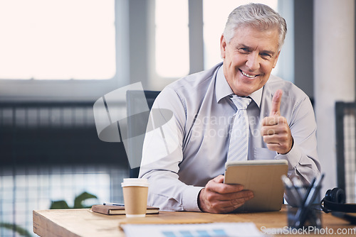 Image of Senior, business man and tablet with thumbs up portrait, analysis and planning at desk for schedule. Elderly stock broker, fintech and mobile touchscreen for email, market strategy or contact for ceo