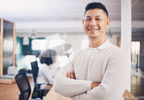 Image of Proud portrait of happy business man in office startup with leadership, employee management and career confidence. Manager, boss or mature person in workspace with company or job mindset and smile