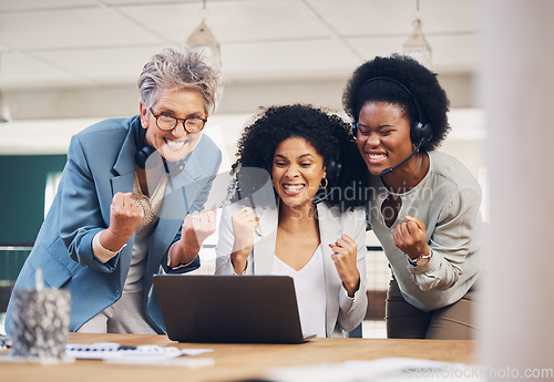 Image of Teamwork goals, success or happy people in call center in celebration of sales target together in office. Winner, business deal or insurance agents celebrate bonus at customer services or crm support