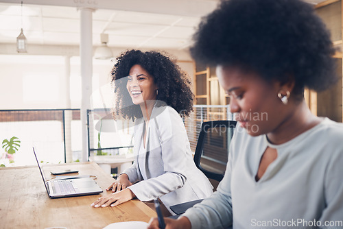 Image of Black woman laughing in a business meeting for funny ideas, planning online and startup teamwork in office workspace. Happy professional people working on laptop for collaboration and career workflow