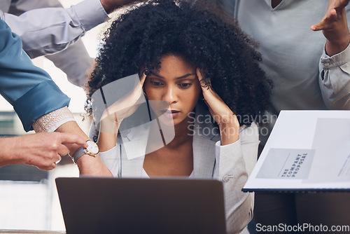 Image of Crisis, stress and black woman with headache from multitasking, workload and team pressure in office. Burnout, fail and corporate manager with anxiety, mistake and deadline, problem or online glitch