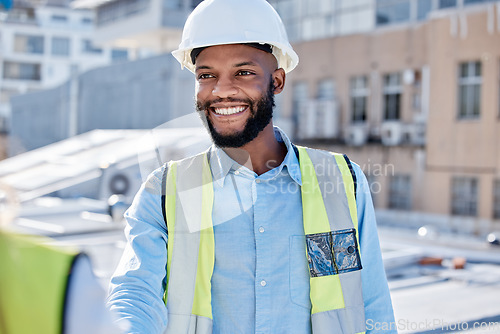 Image of Construction worker, team and black man for b2b collaboration, project management update and onboarding. Happy contractor, builder or engineering person partnership, leadership and architecture talk