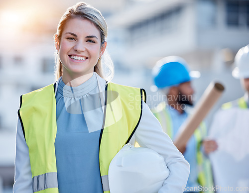 Image of Construction worker, happy woman portrait or engineering contractor for career mindset, industry and building development. Young face of industrial person, builder or project manager in architecture