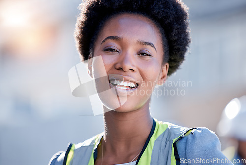 Image of Portrait of engineering black woman or construction worker with career mindset, leadership and building development. Happy face of industry person, industrial contractor or builder in architecture