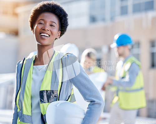 Image of Construction worker, black woman portrait or engineering contractor for career mindset, industry and building development. Happy face of industrial african, builder or young person in architecture