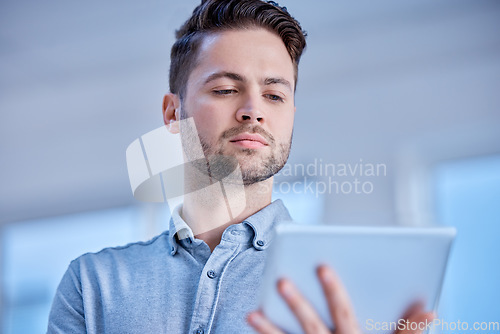 Image of Business man, office and tablet planning online for schedule, internet app and startup analysis. Male worker, digital technology and website research for productivity, strategy and network connection