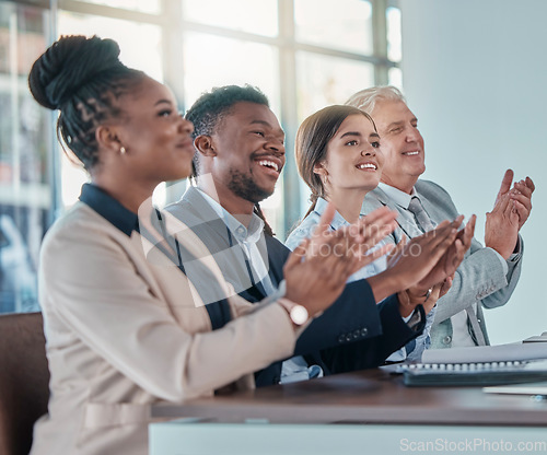 Image of Business people, applause and meeting in celebration for good job, winning or thank you at office. Group of employee workers clapping hands together celebrating team support, motivation or success