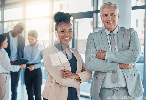 Image of Business people, portrait smile and leadership with arms crossed for meeting, collaboration or teamwork at office. Happy corporate executive leaders smiling in company or team management at workplace