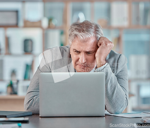 Image of Stress, confused and mature businessman with a laptop, reading an email and tired from a deadline. Anxiety, burnout and elderly corporate worker with bad news, glitch or problem with a computer