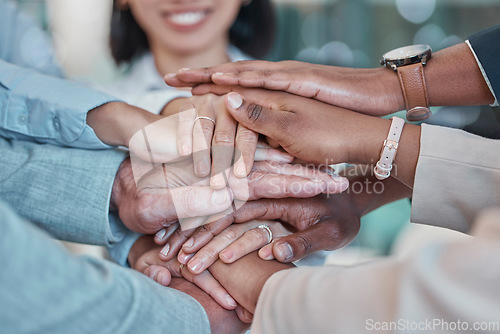 Image of Business people, diversity and hands together in trust, partnership or team collaboration at office. Group of diverse employee workers piling hand in teamwork, agreement or support success for goal