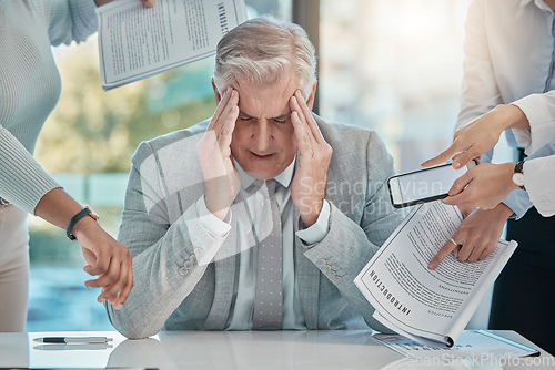 Image of Chaos, stress and senior businessman with headache from multitasking, workload and team pressure in office. Crisis, fail and corporate manager with anxiety, mistake and compliance, documents or audit