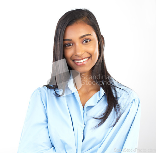 Image of Indian business woman, smile in portrait and career satisfaction, professional mindset isolated on white background. Success, face and leadership with female in corporate and happiness in studio