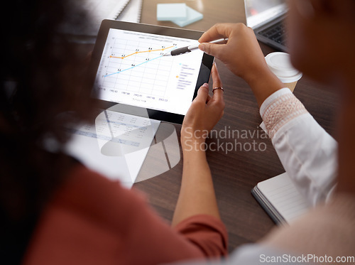 Image of Tablet, graphs and timeline of people hands in education budget, finance planning or monitor statistics. Technology screen of data analysis, stats and numbers of women planner and teacher report
