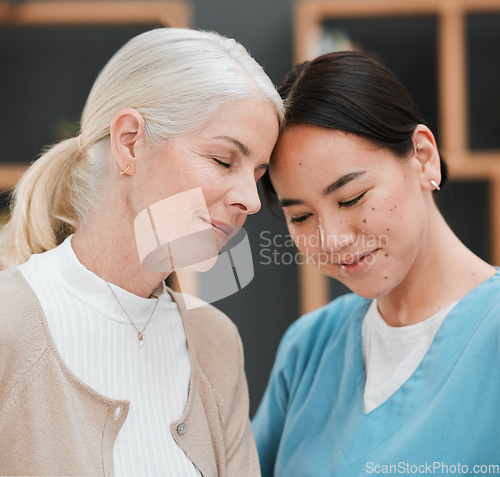 Image of Nursing home friendship, senior woman and nurse with a smile from retirement and support. Bonding, healthcare and Asian caregiver feeling happy from elderly care and medical job with a elderly female