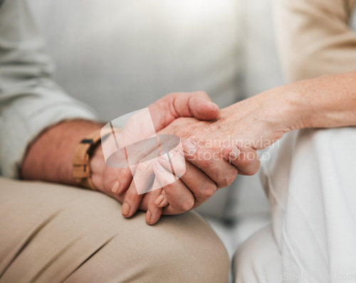 Image of Empathy, love or old couple holding hands to support each other in marriage commitment or retirement with trust. Gratitude, zoom or elderly woman comforting a senior lover with sympathy or solidarity