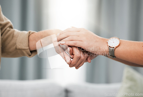 Image of Trust, patient or nurse holding hands in hospital consulting after surgery or medical test results for support. Empathy, hope or doctor in healthcare clinic nursing or helping a sick elderly person