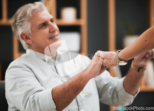 Image of Hope, old man or nurse holding hands in hospital consulting about medical test news or results for support. Empathy, trust or doctor in healthcare clinic nursing or helping sick elderly patient