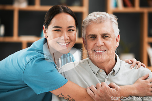 Image of Asian nurse, elderly man and hug in portrait with support, empathy and nursing home care for retirement. Doctor, senior patient and kindness with solidarity, helping hand and excited face for embrace