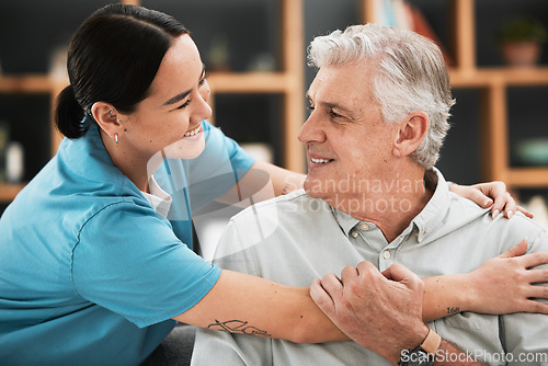 Image of Hope, happy old man or nurse hug in hospital consulting about medical test news or results for support. Empathy, trust or doctor smiles in healthcare clinic nursing or helping sick elderly patient