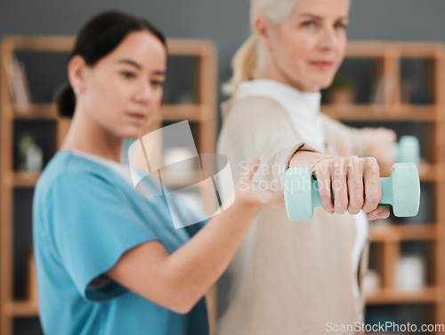 Image of Senior woman, dumbbell and physiotherapy rehabilitation nurse help for fitness and muscle support. Healthcare physiotherapist with hand of elderly patient for physical therapy and stretching exercise