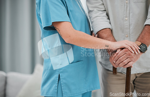 Image of Trust, nurse or senior hands on walking stick for support, help or trust moving legs in rehabilitation. Physiotherapy healthcare, elderly nursing or medical caregiver helping a sick mature patient