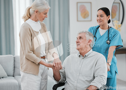 Image of Disability, nurse or old couple holding hands in rehabilitation for support, empathy or solidarity together. Physiotherapy healthcare, wheelchair or medical caregiver nursing elderly disabled patient