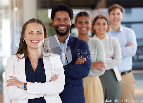 Image of Teamwork, smile and portrait of business people in office with crossed arms, startup success and leadership. Collaboration, diversity and happy group of employees for mission, company pride and trust