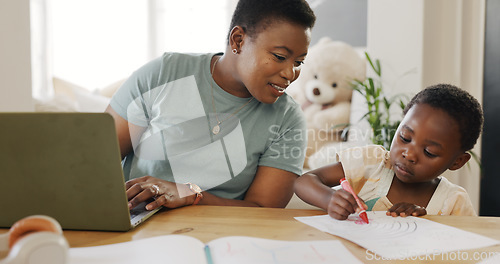 Image of Mother typing on laptop with kid in living room and kiss child care support in working from home online. African girl drawing at table, black mom writing business email and elearning technology