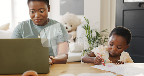 Image of Mother typing on laptop with kid in living room and kiss child care support in working from home online. African girl drawing at table, black mom writing business email and elearning technology