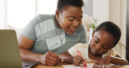 Image of Black family, mother and girl busy with house learning and drawing with mom working from home. Creative work, computer and mama working on technology busy with child care and teaching with art