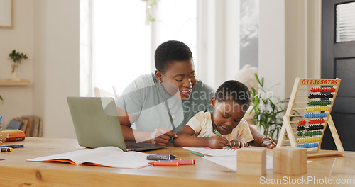 Image of Black family, mother and girl busy with house learning and drawing with mom working from home. Creative work, computer and mama working on technology busy with child care and teaching with art